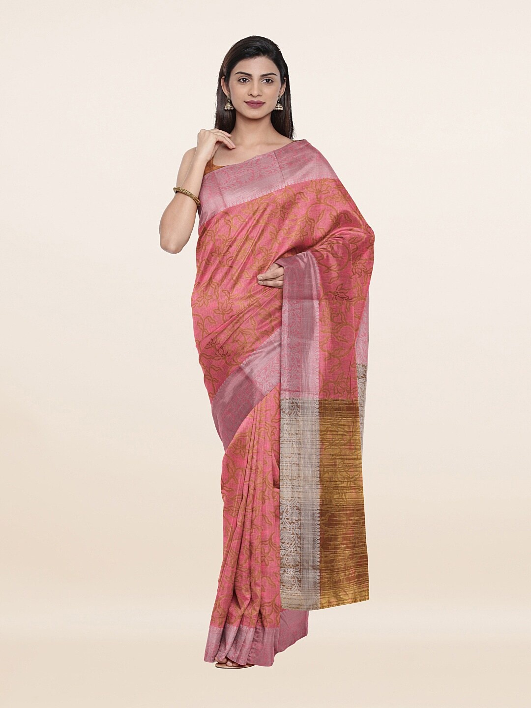 

Pothys Pink & Brown Floral Cotton Blend Zari Saree