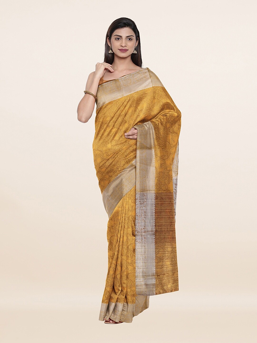 

Pothys Yellow & Brown Floral Cotton Blend Zari Saree