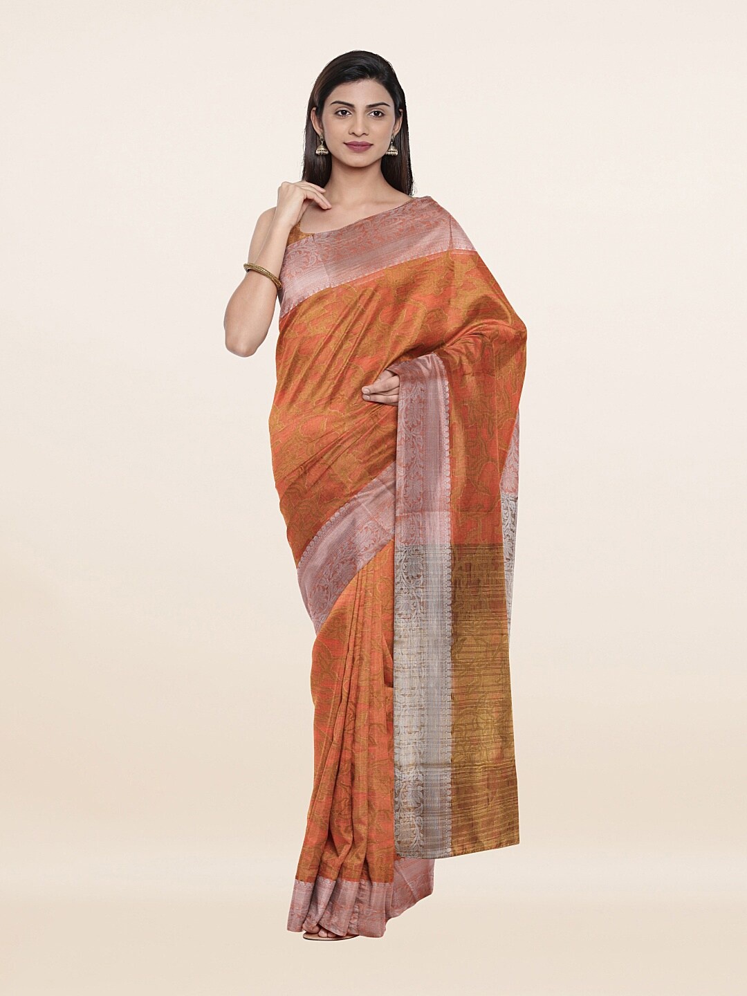 

Pothys Orange & Silver-Toned Floral Zari Saree