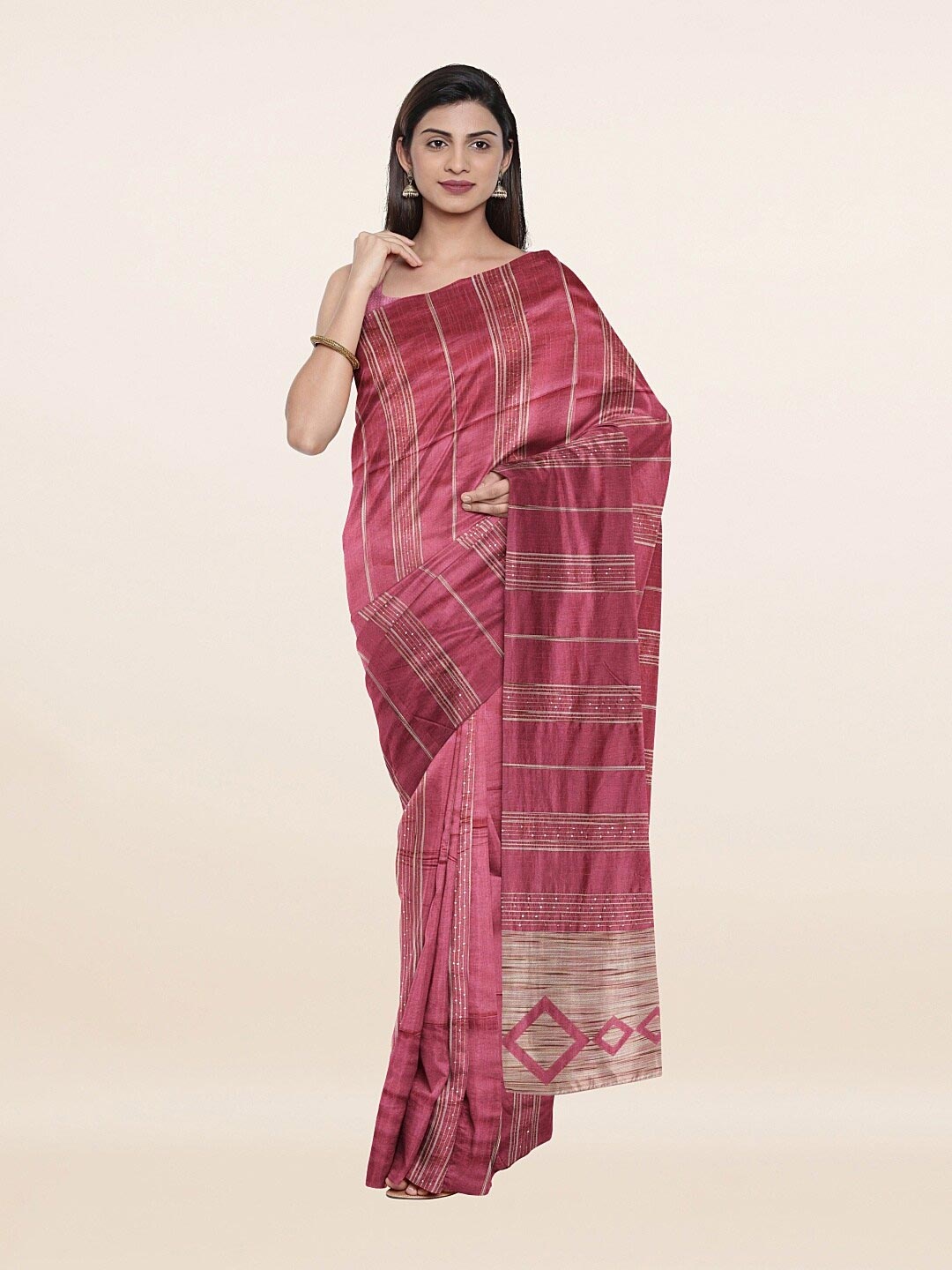 

Pothys Pink Striped Cotton Blend Saree