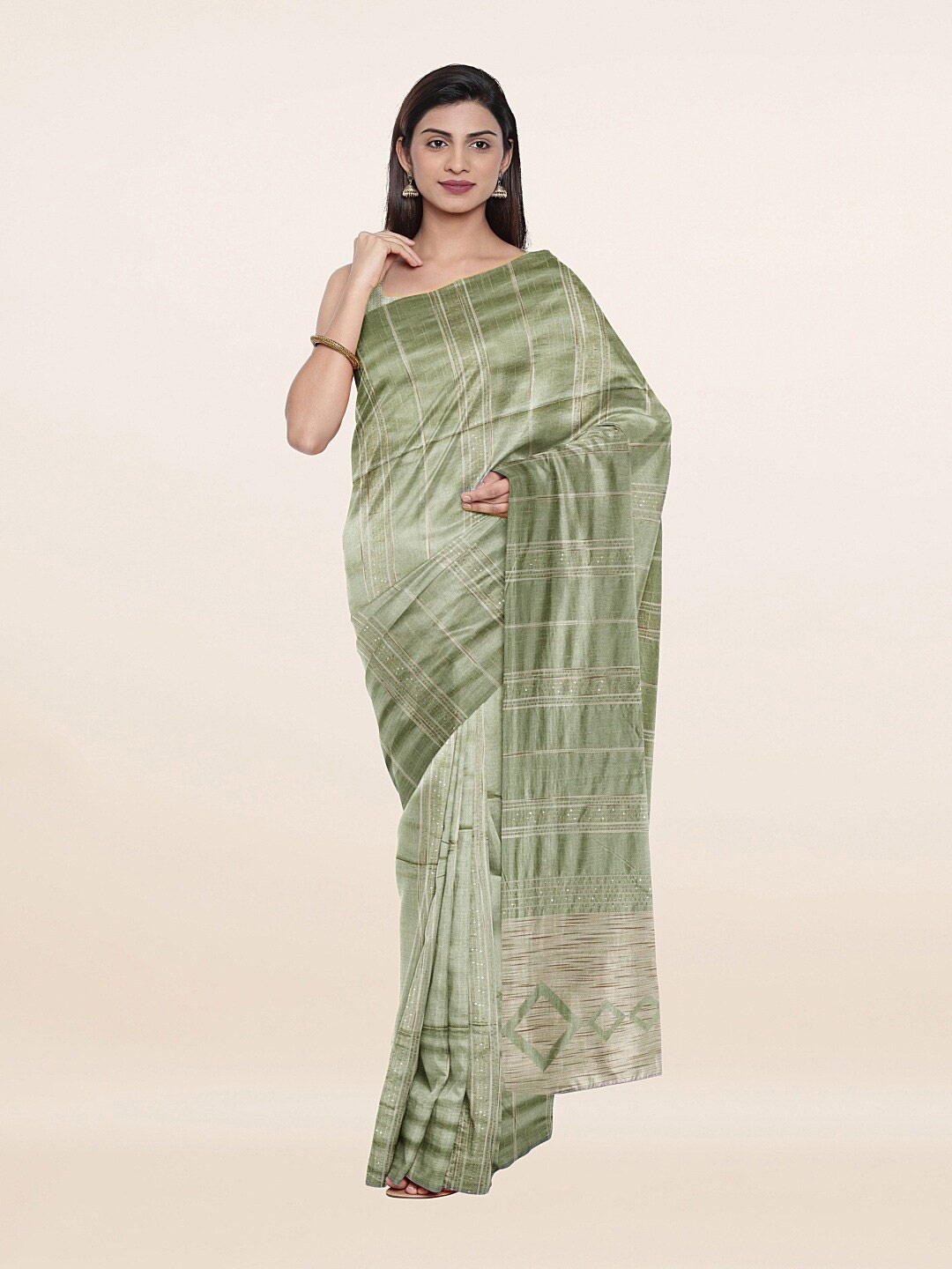 

Pothys Women Green Striped Sequinned Saree