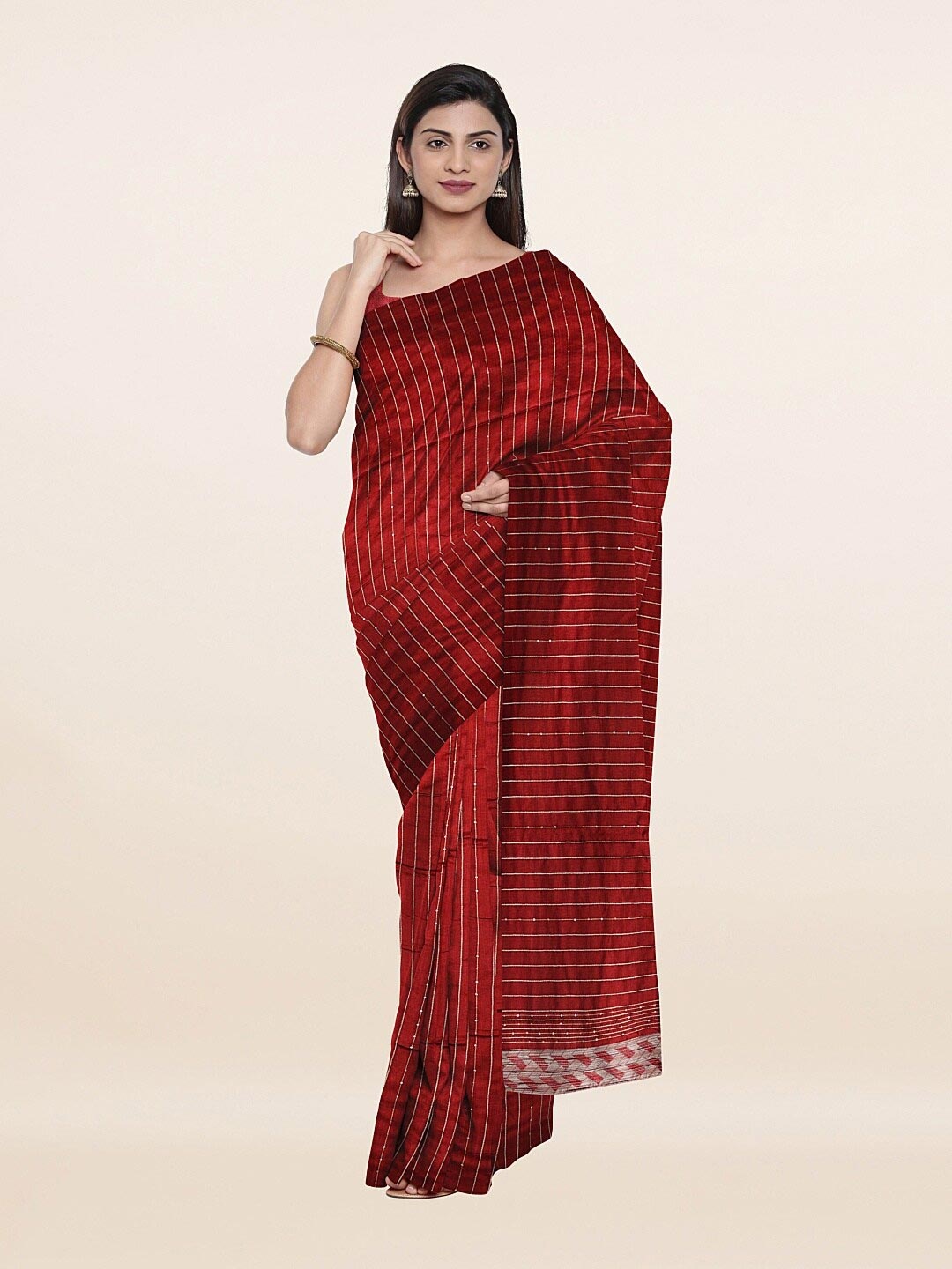 

Pothys Women Maroon & Gold-Toned Striped Sequinned Cotton Blend Saree