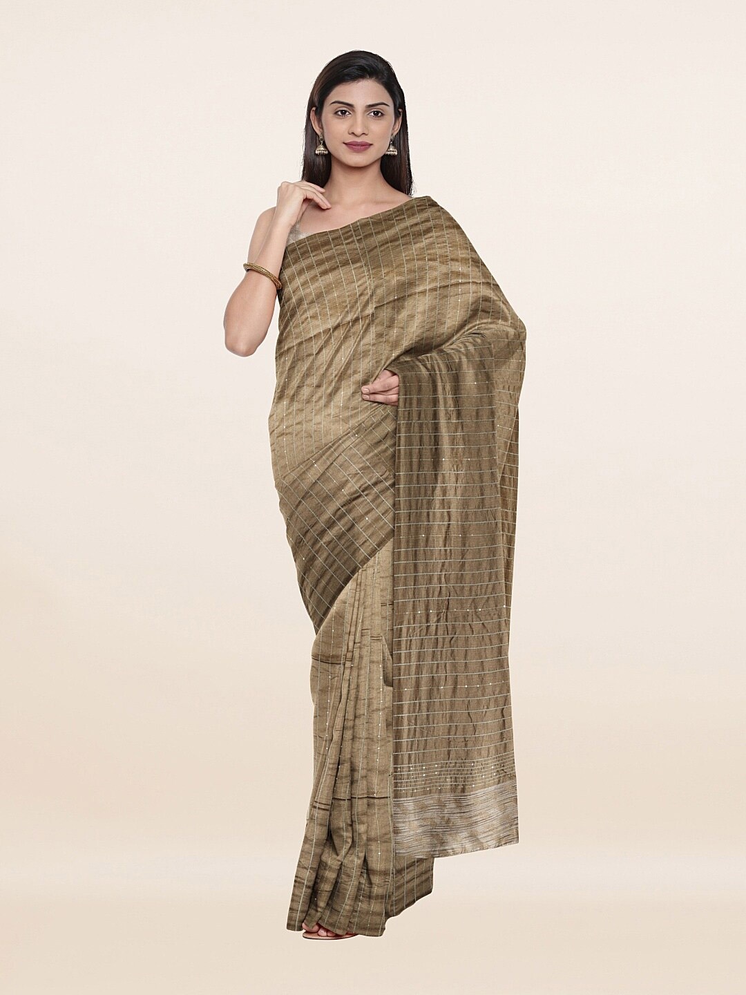 

Pothys Khaki Striped Sequined Cotton Blend Saree