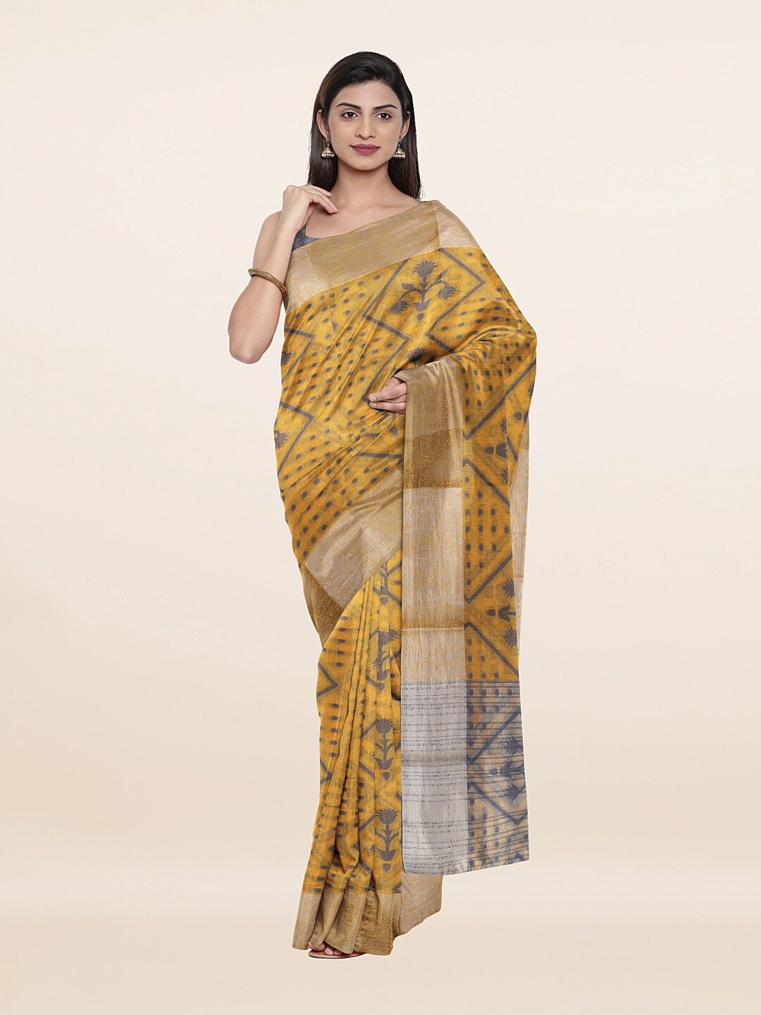 

Pothys Yellow & Grey Ethnic Motifs Zari Saree