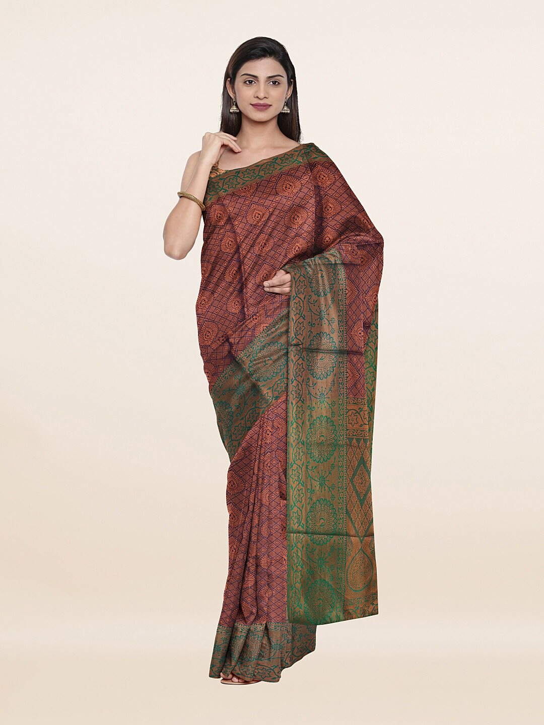 

Pothys Green & Peach-Coloured Floral Art Silk Saree