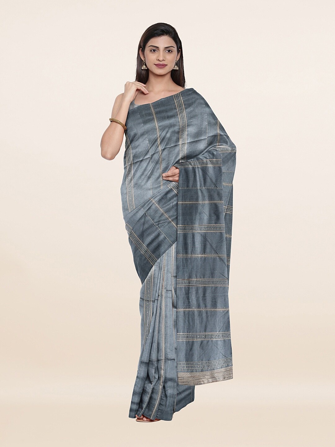 

Pothys Grey Striped Cotton Blend Saree