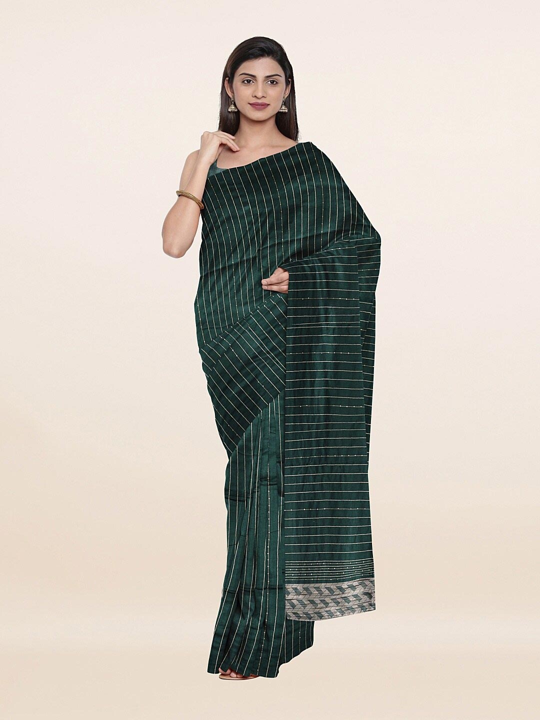 

Pothys Green & Silver-Toned Striped Sequinned Saree