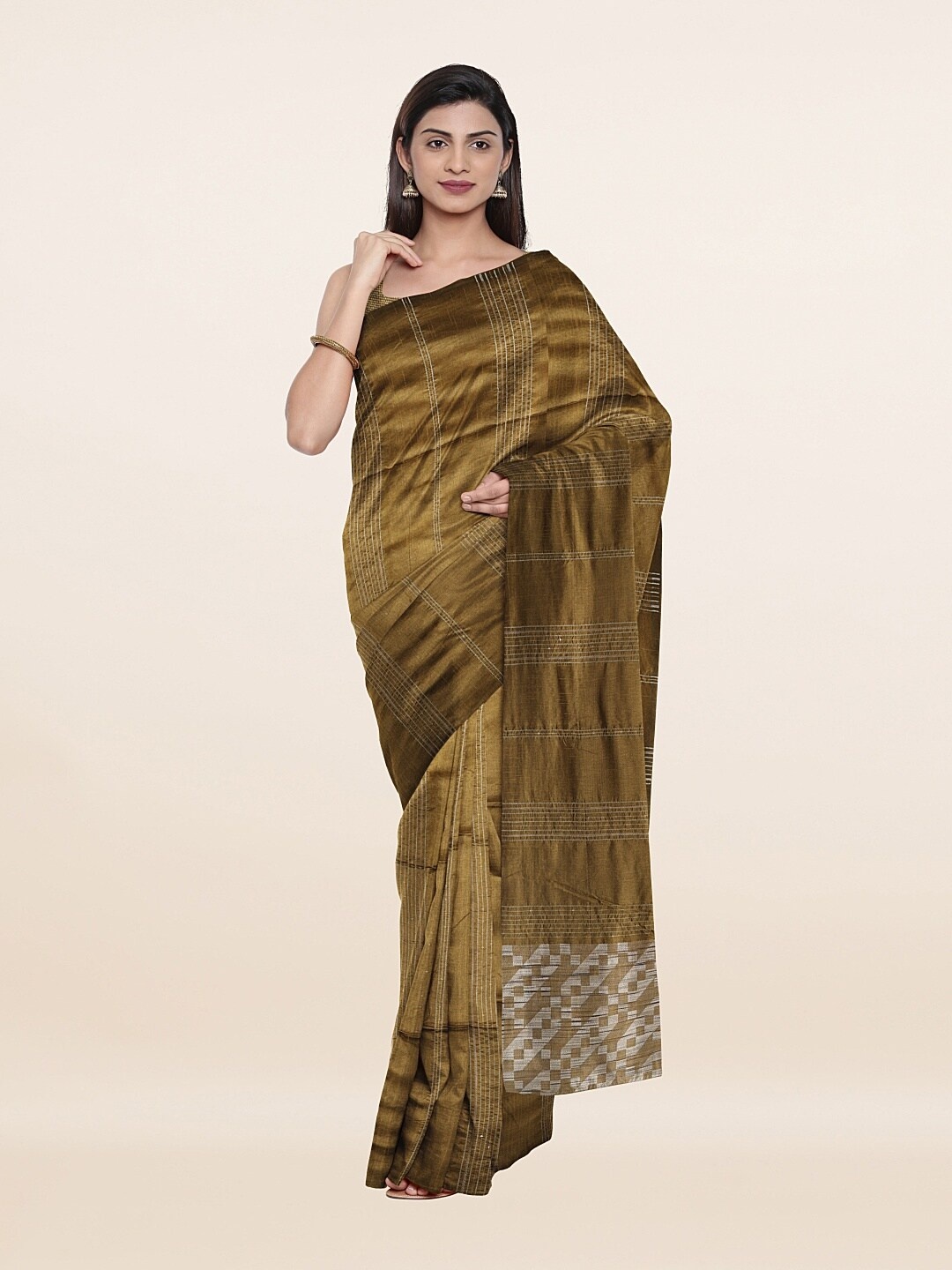 

Pothys Khaki & Silver-Toned Striped Sequined Saree