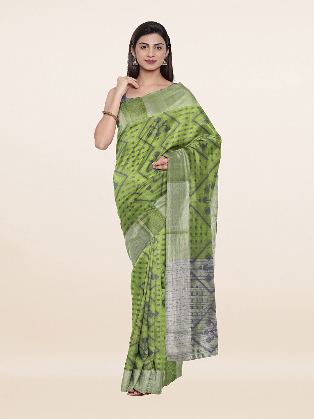 

Pothys Green & Silver-Toned Woven Design Zari Saree