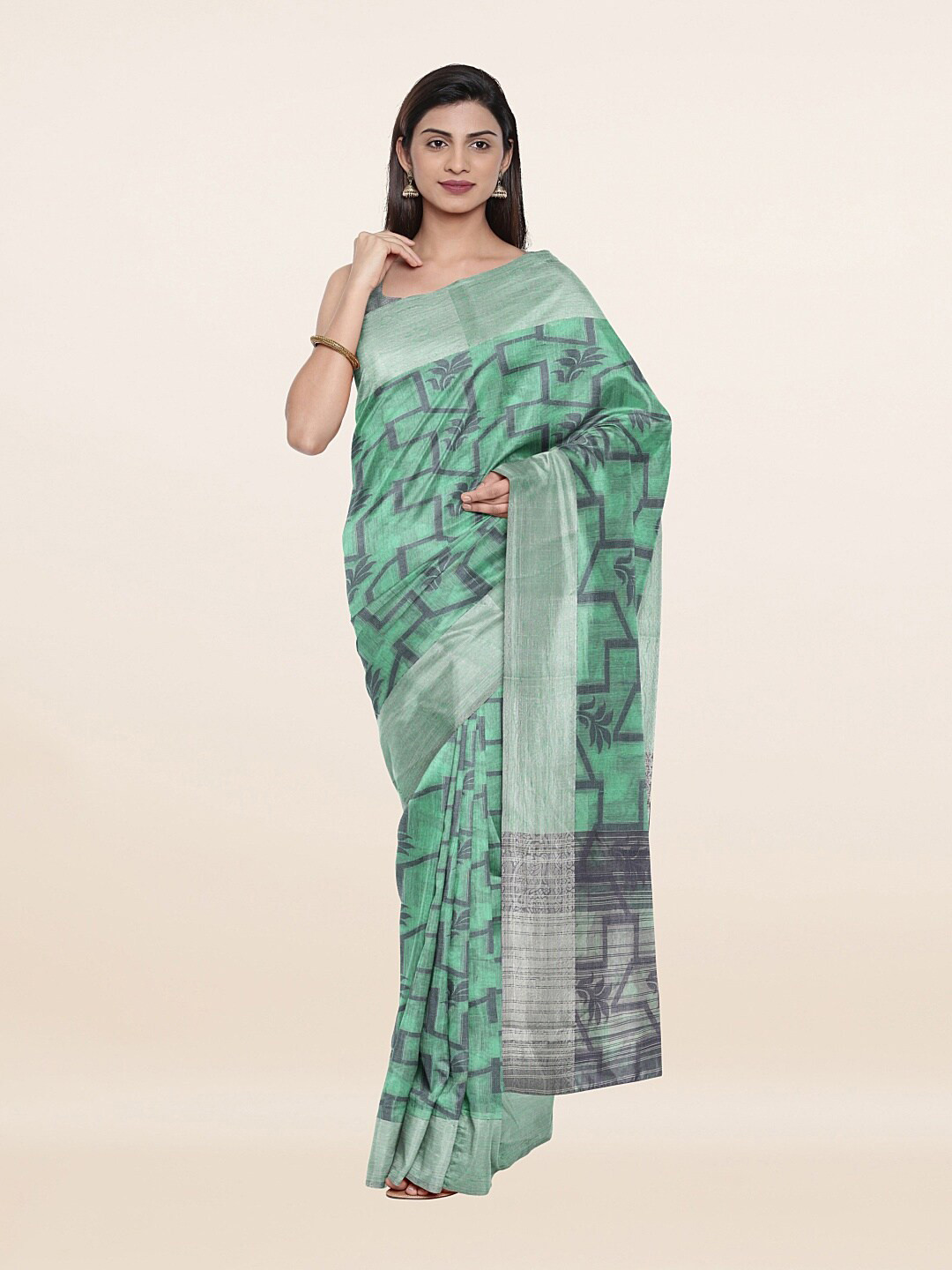 

Pothys Green & Silver-Toned Woven Design Zari Saree