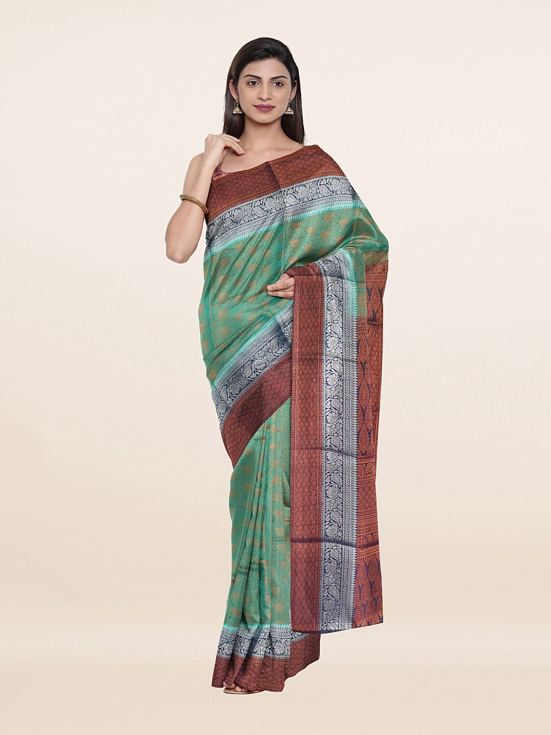 

Pothys Green & Silver-Toned Ethnic Motifs Zari Art Silk Saree