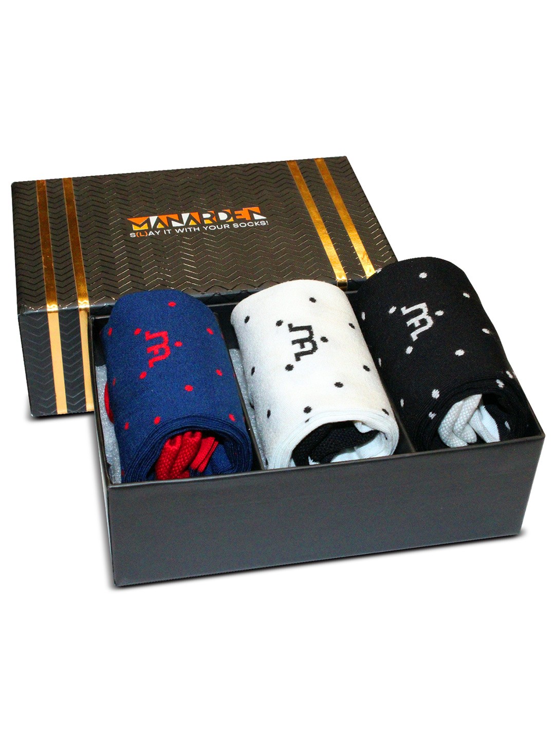 

Man Arden Men Pack Of 3 Patterned Cotton Calf Length Designer Edition Box Socks, Navy blue