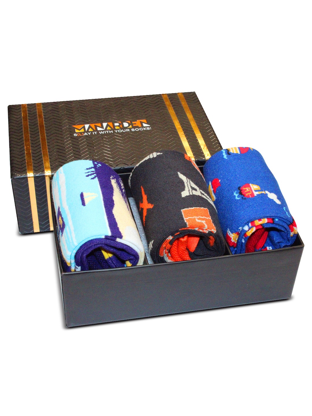 

Man Arden Wanderlust Designer Edition Men Pack of 3 Patterned Calf Length Cotton Socks, Blue