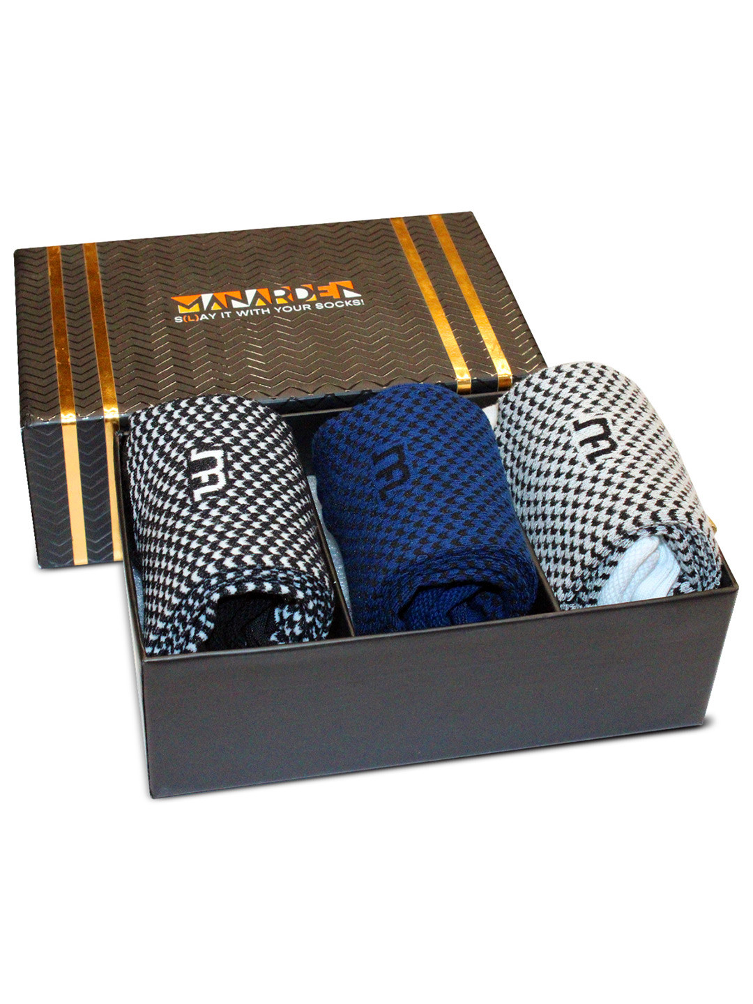 

Man Arden Men Set Of 3 Patterned Calf Ankle Length Socks, Black