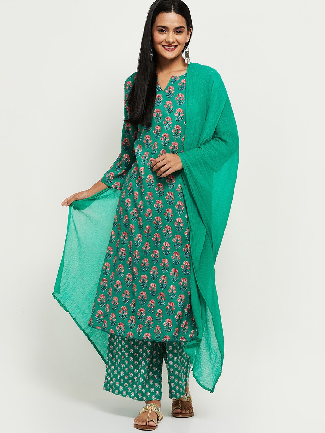 

max Women Teal Ethnic Motifs Embroidered Kurta with Palazzos & With Dupatta