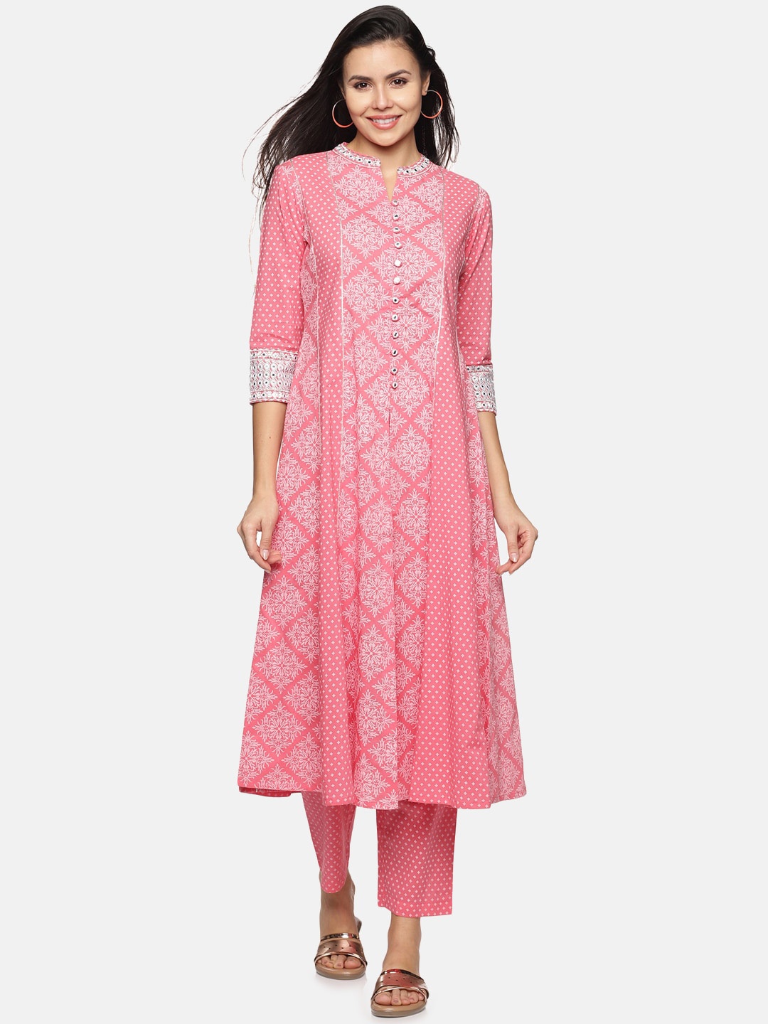 

Palakh Women Rose Floral Printed Panelled Mirror Work Pure Cotton Kurta with Trousers