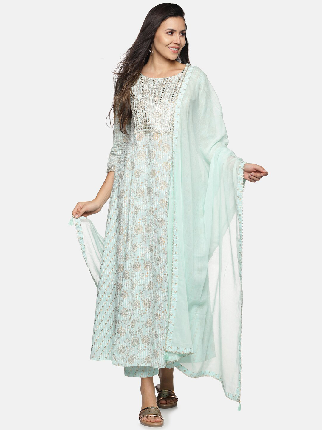 

Palakh Women Sea Green Ethnic Motifs Printed Pure Cotton Kurta with Churidar & Dupatta