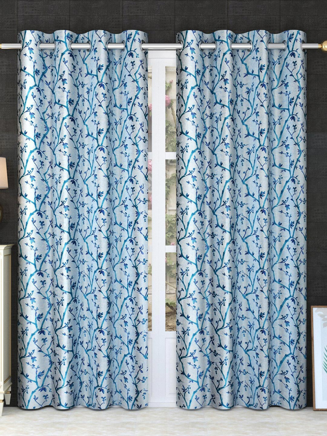 

MULTITEX Blue & White Set of 2 Floral Long Door Curtain