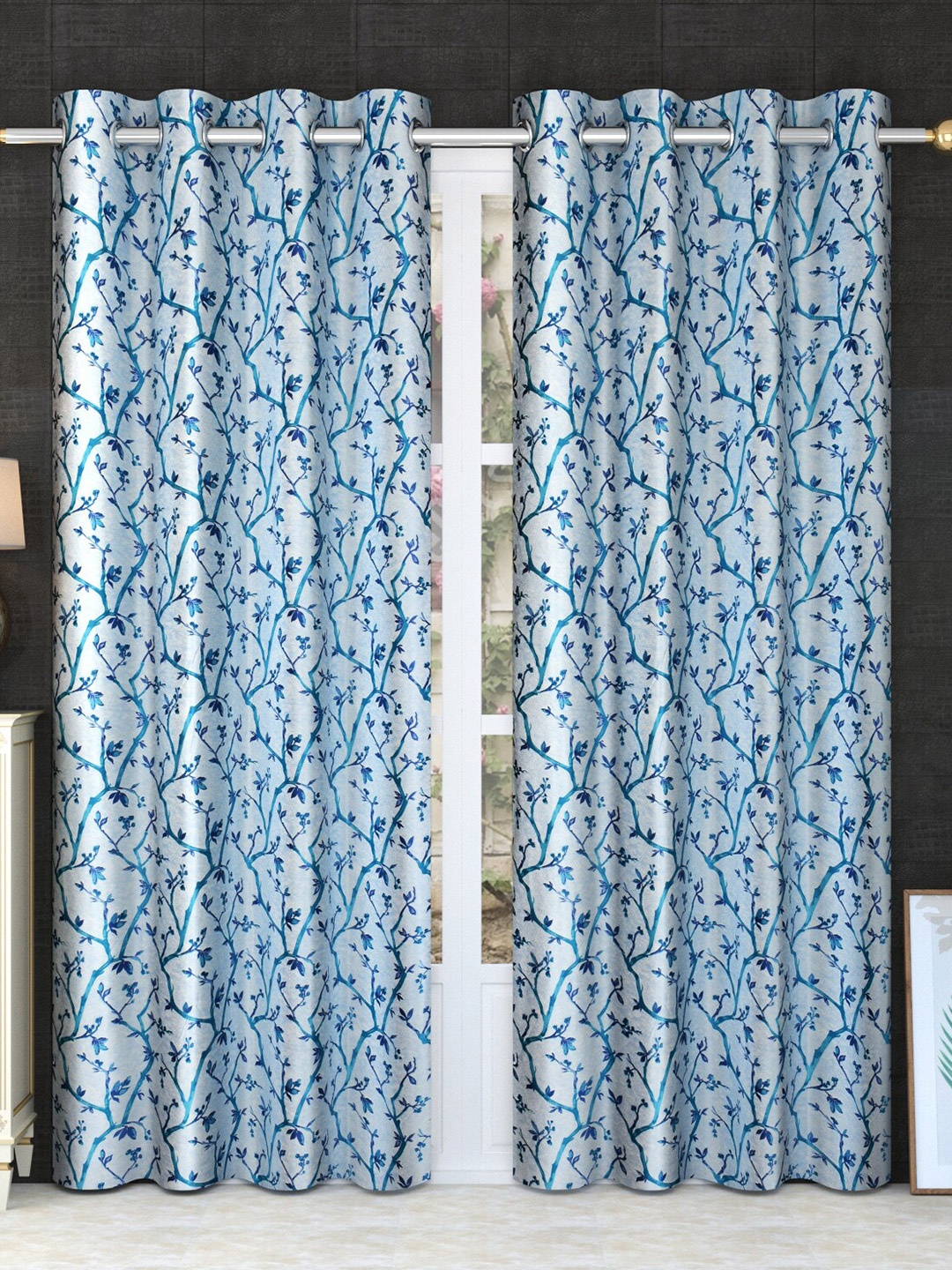 

MULTITEX Blue & White Pack of 2 Floral Window Curtain