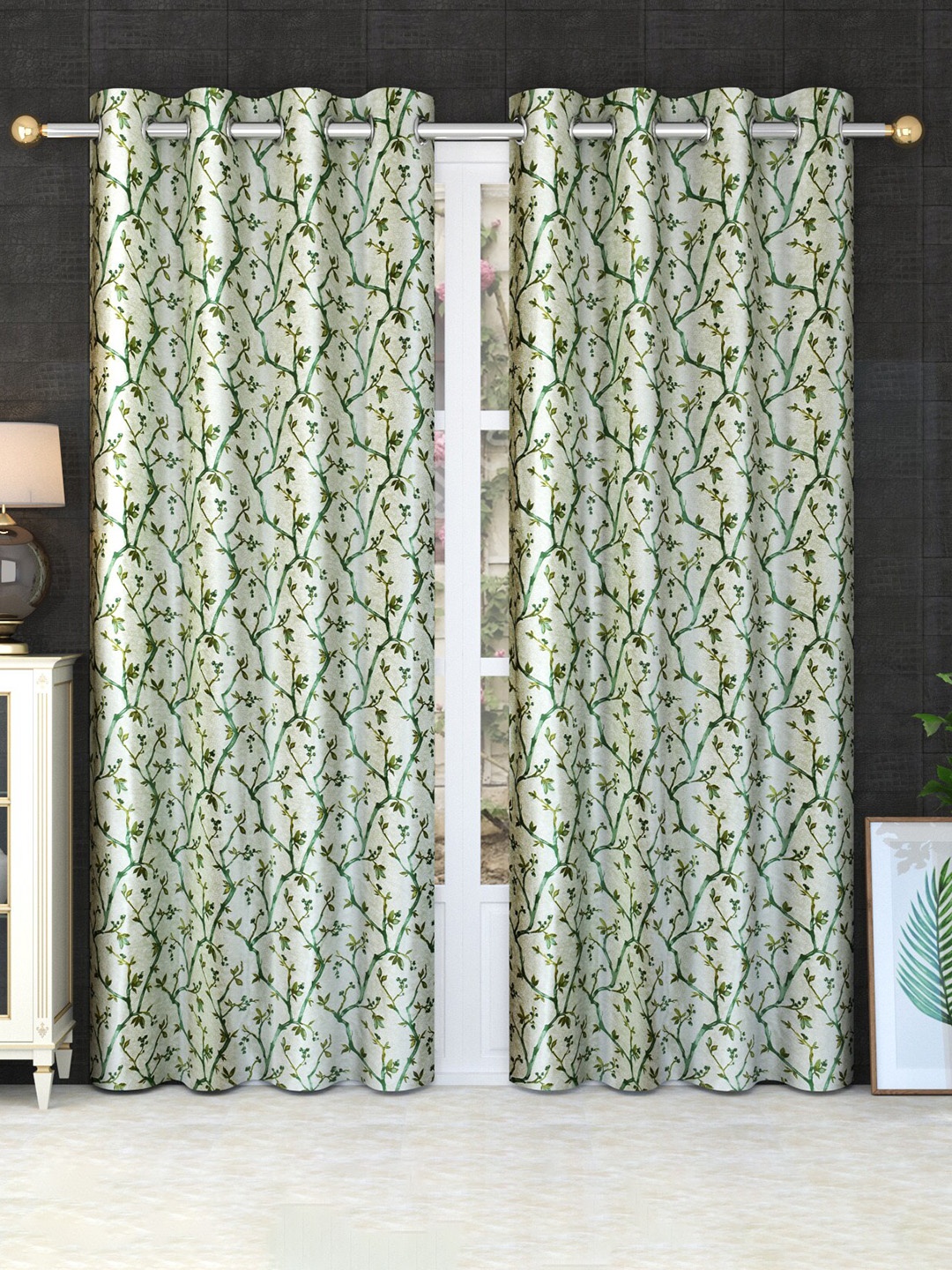 

MULTITEX Green & Cream-Coloured Set of 2 Floral Window Curtains