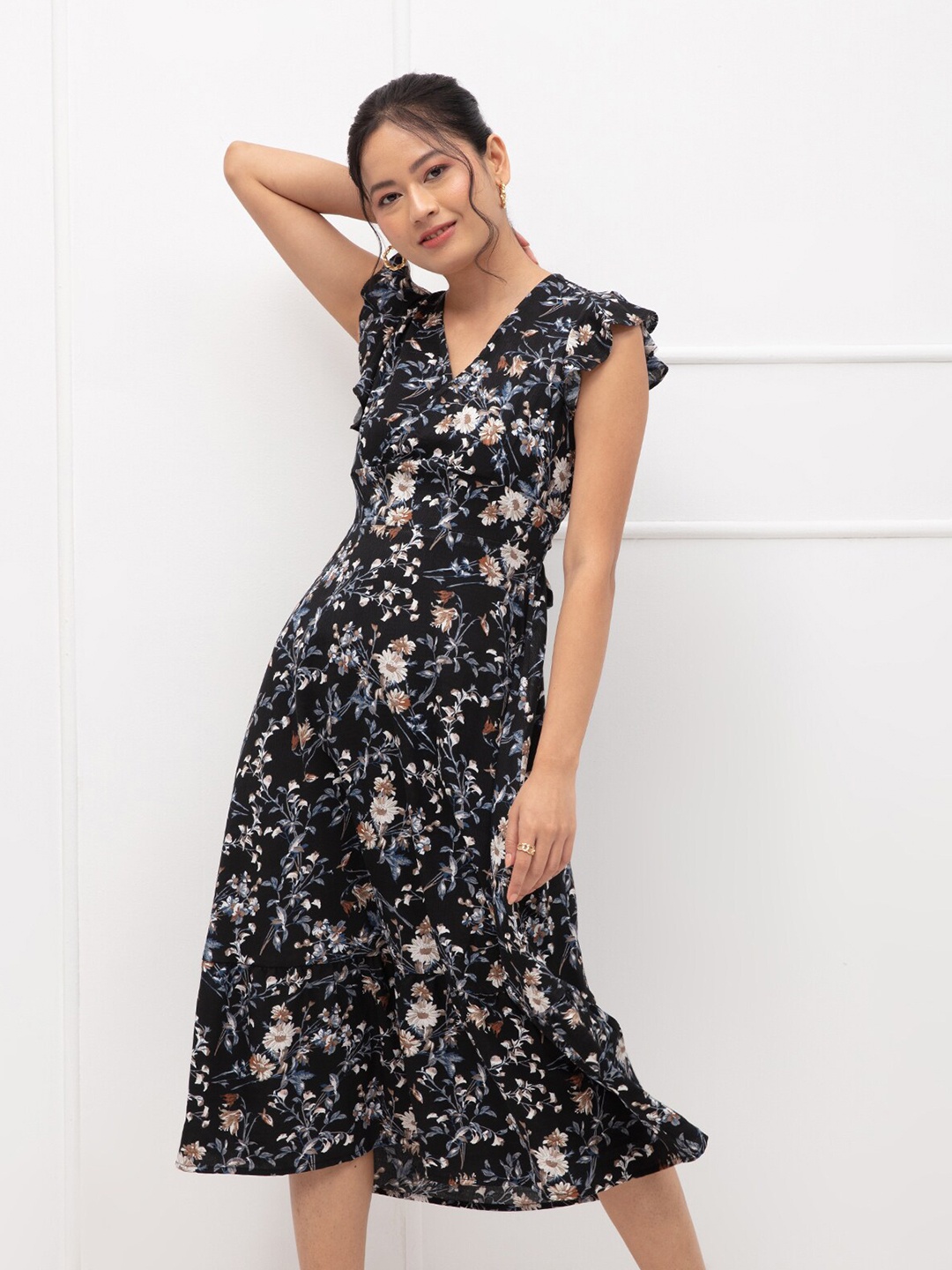 

20Dresses Black Floral Crepe Midi Dress