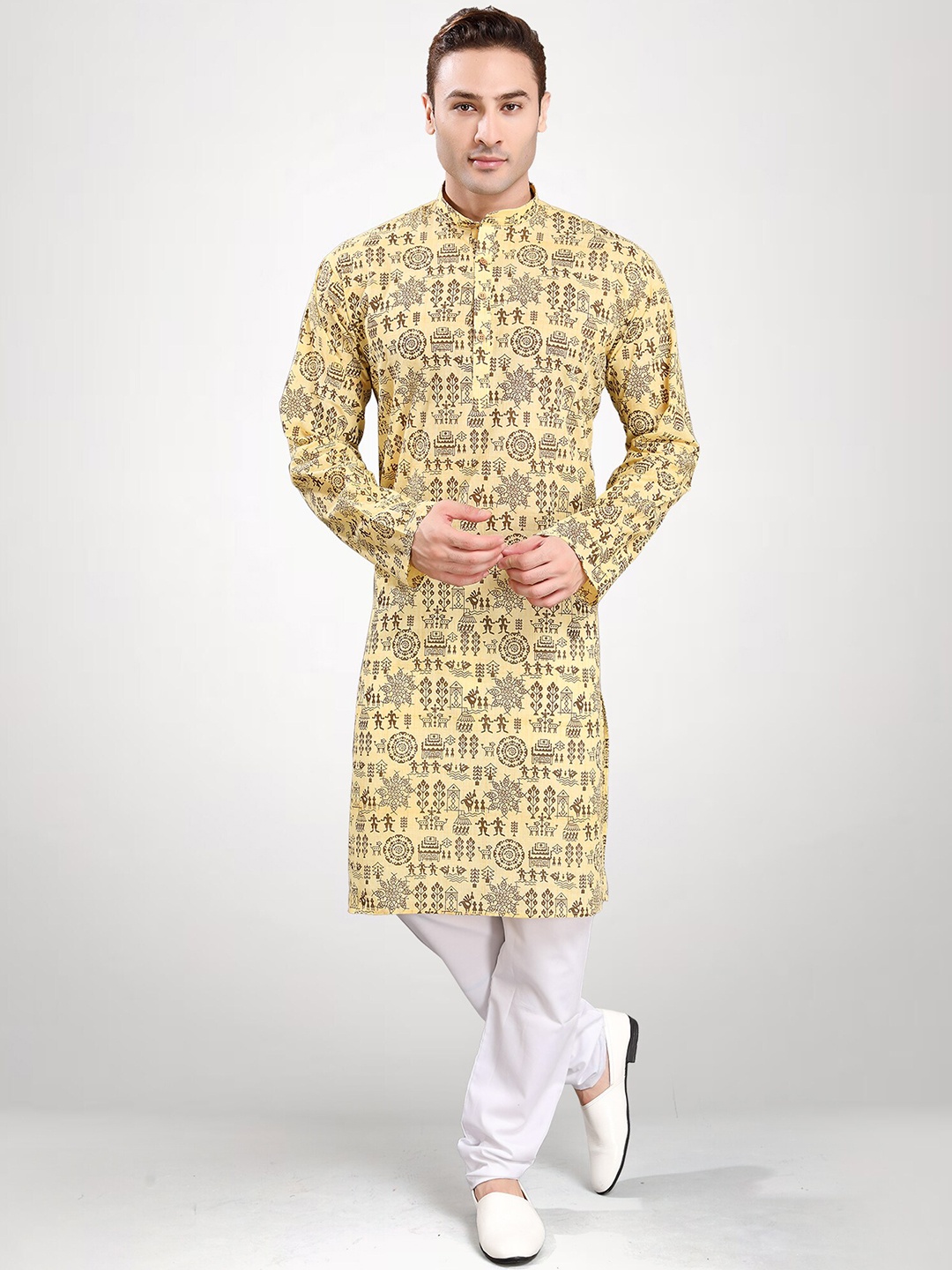 

RG DESIGNERS Men Yellow Ethnic Motifs Striped Kurta with Pyjamas