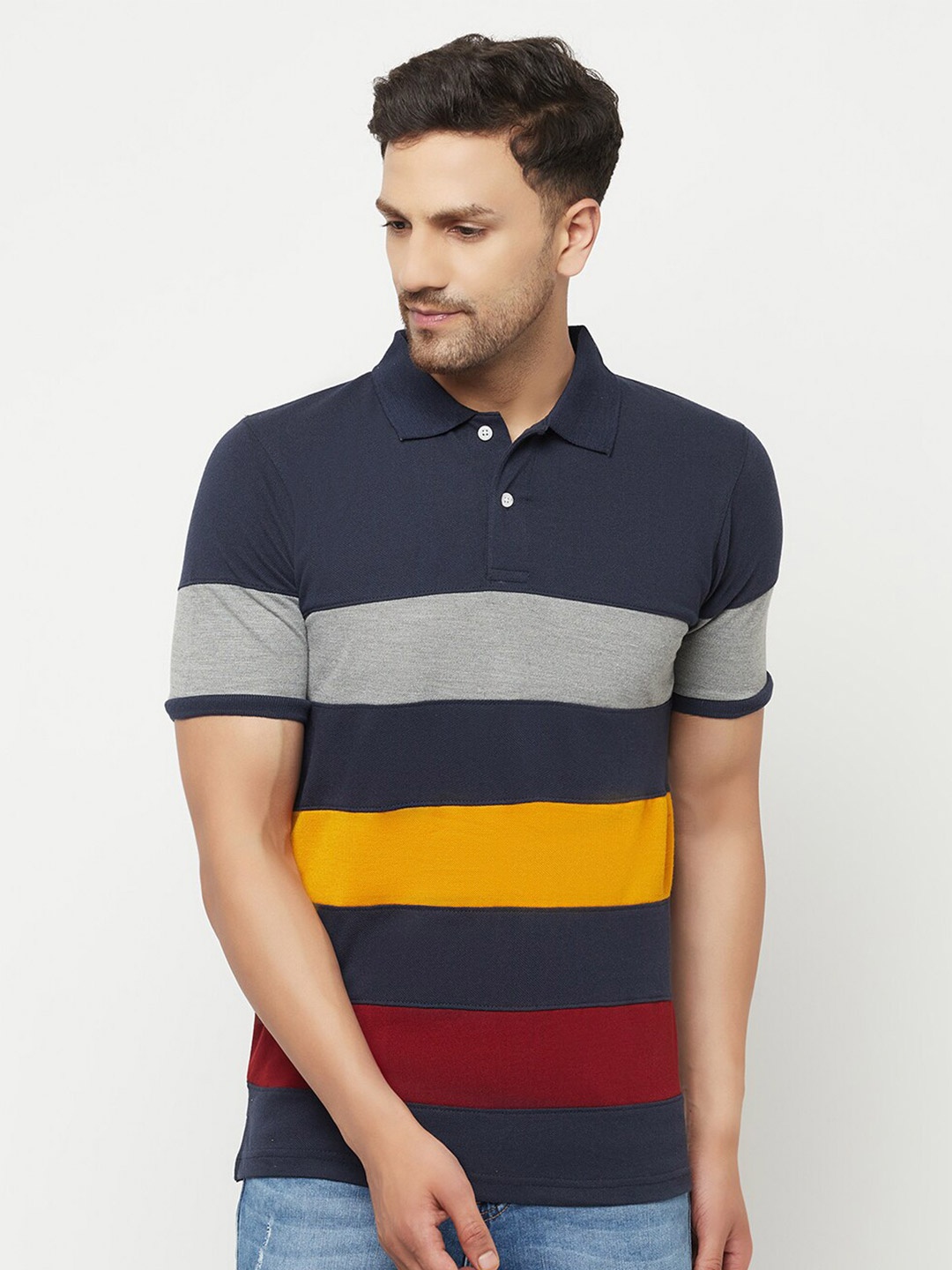 

ELEGANCE Men Blue & Grey Colourblocked Polo Collar T-shirt