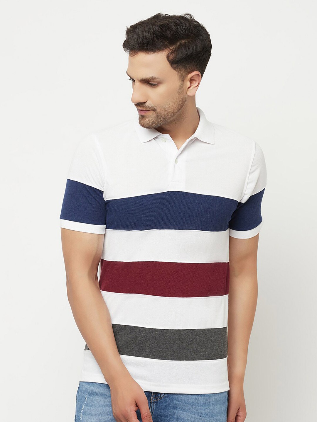 

ELEGANCE Men White & Blue Colourblocked Polo Collar T-shirt
