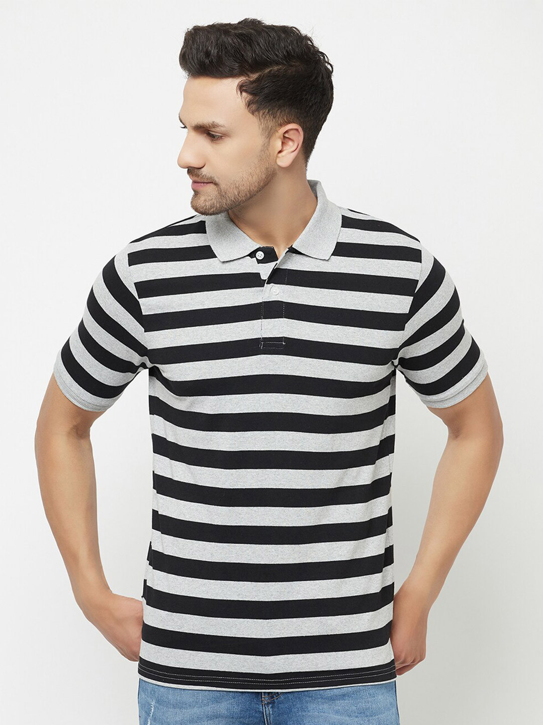 

ELEGANCE Men Black & Grey Striped Polo Collar T-shirt