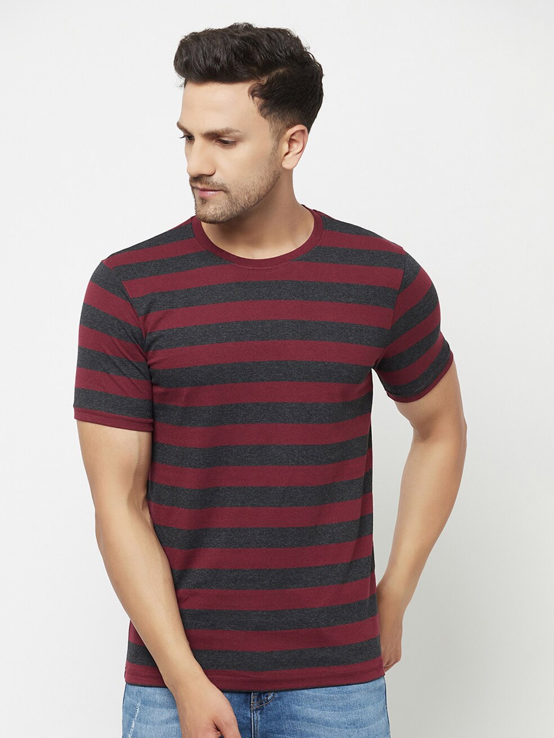 

ELEGANCE Men Maroon & Grey Striped T-shirt