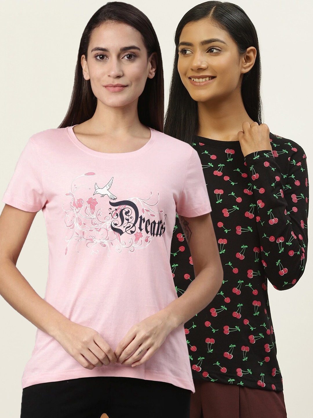 

Kryptic Women Pack Of 2 Pink and Black Printed Cotton Lounge Tshirts