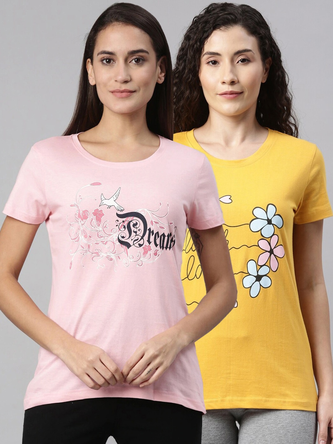 

Kryptic Women Pack Of 2 Pink and Mustard Printed Cotton Lounge Tshirts