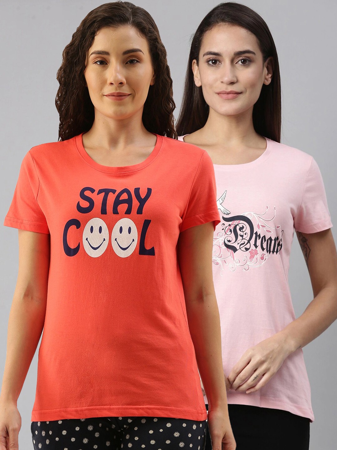 

Kryptic Women Pack Of 2 Pink and Orange Printed Cotton Lounge Tshirts