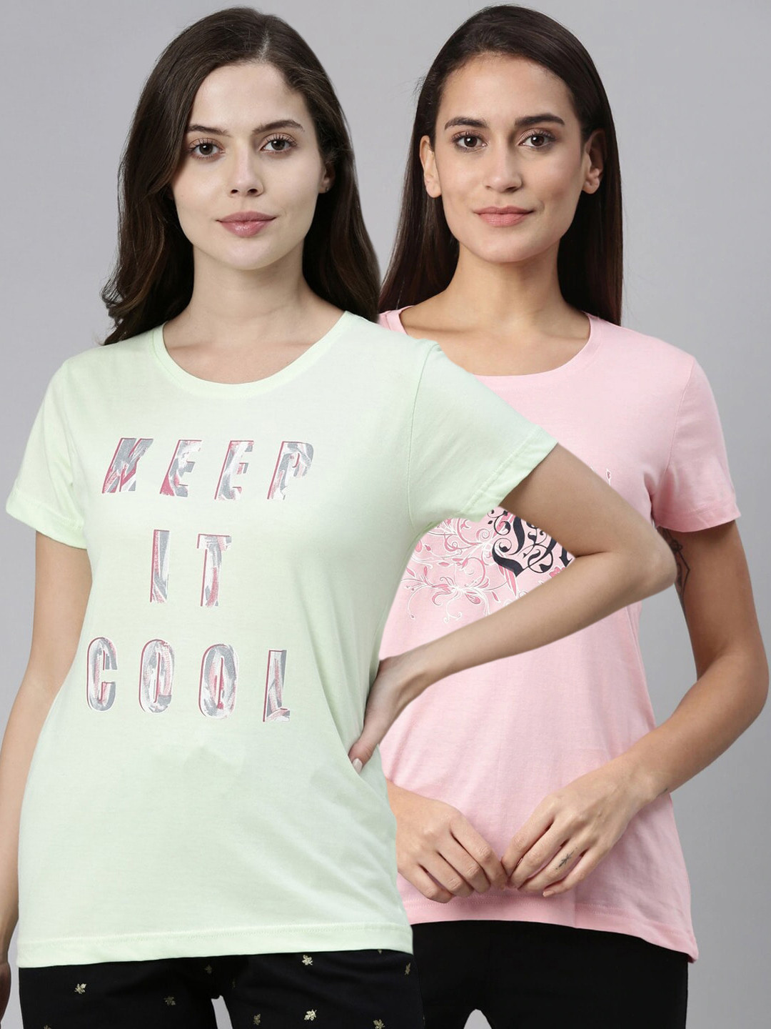 

Kryptic Women Pack of 2 Pink and Green Printed Pure Cotton Lounge Tshirts