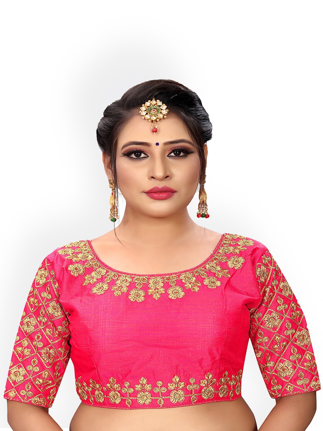 

Sumaira Tex Women Pink & Gold Embroidered Readymade Saree Blouse