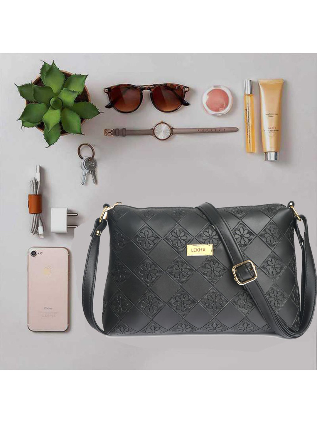 

LEKHX Women Black Floral Textured PU Structured Sling Bag