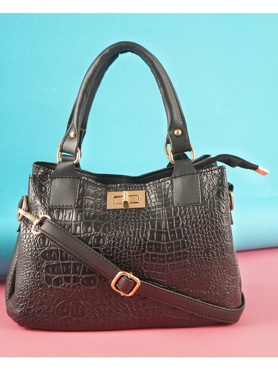 

LEKHX Black Textured PU Structured Handheld Bag