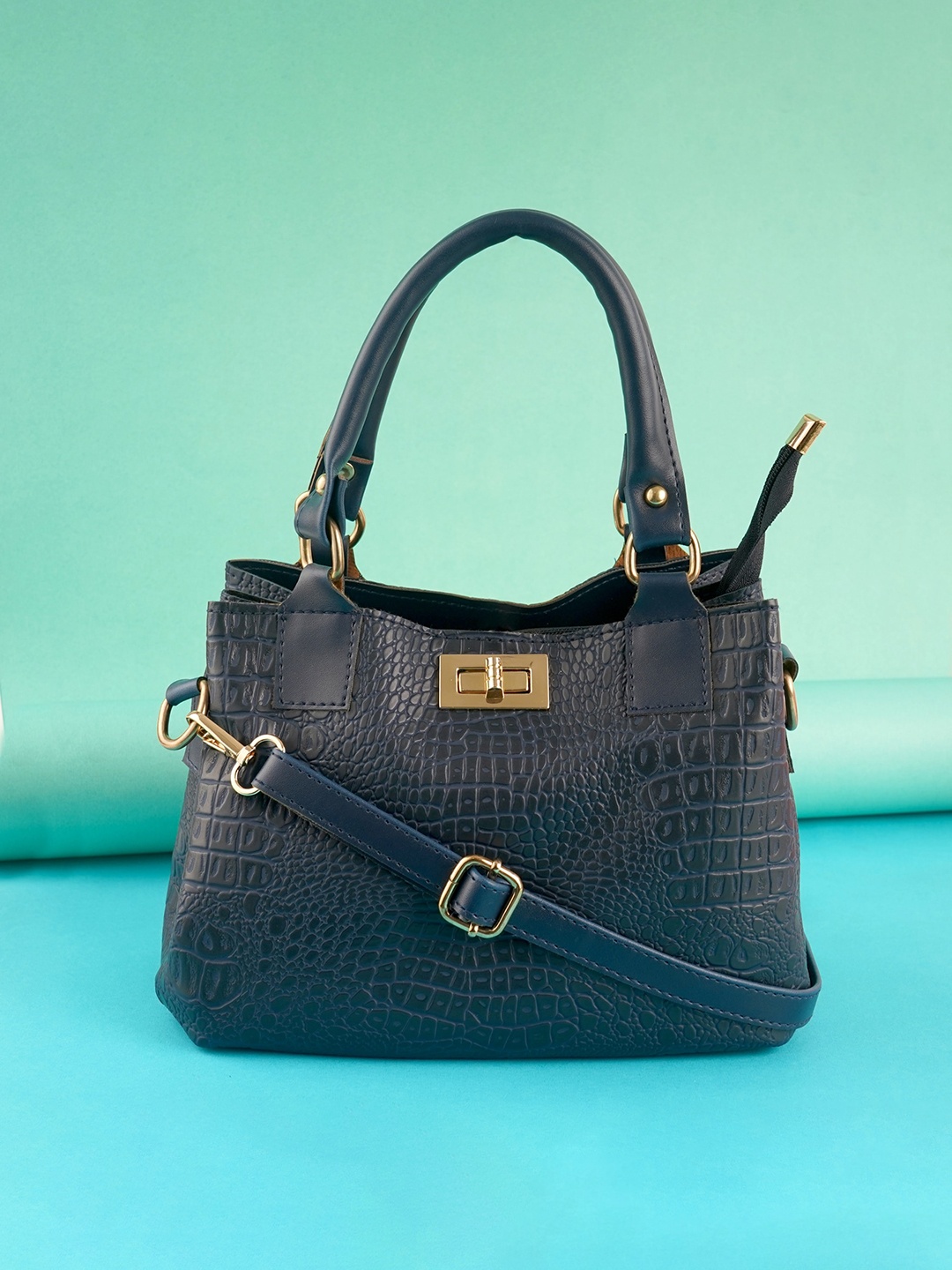 

LEKHX Blue Textured PU Structured Handheld Bag with Cut Work