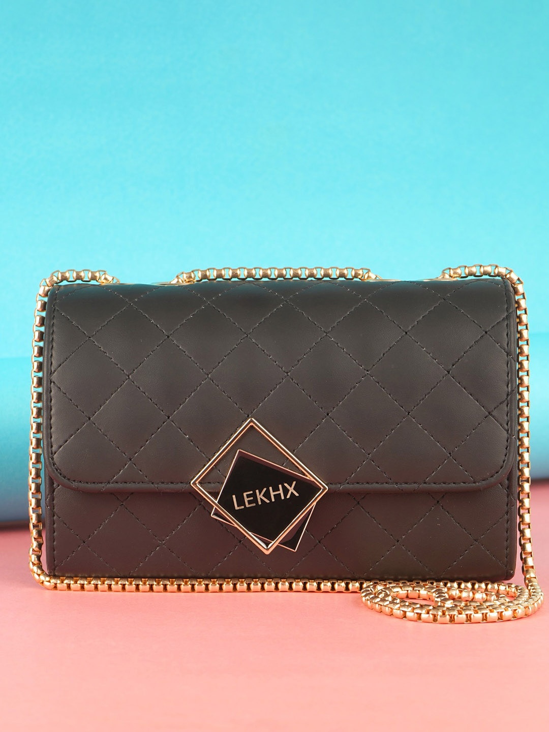 

LEKHX Black Textured PU Structured Sling Bag with Quilted