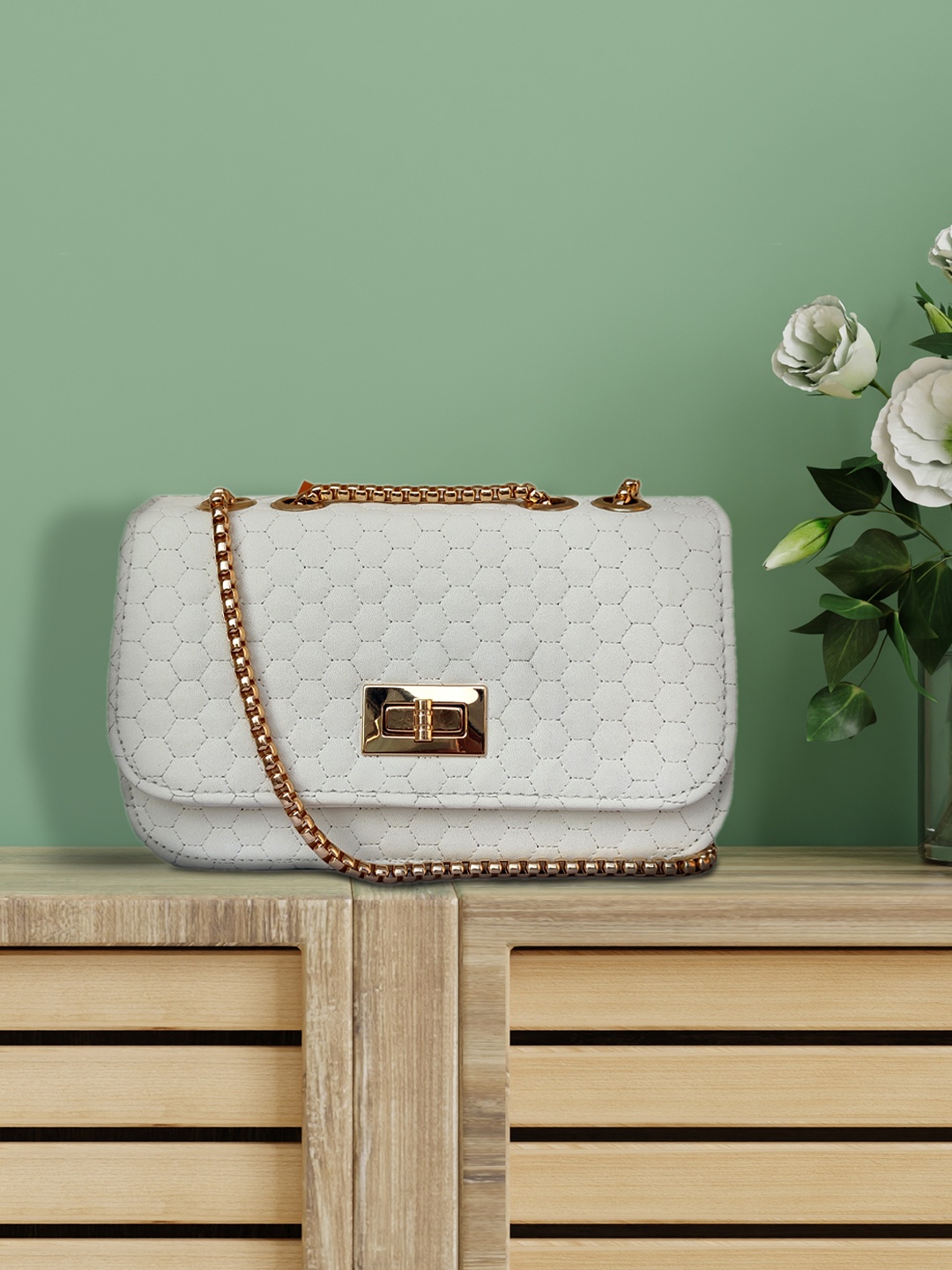 

LEKHX Women White PU Structured Sling Bag with Quilted