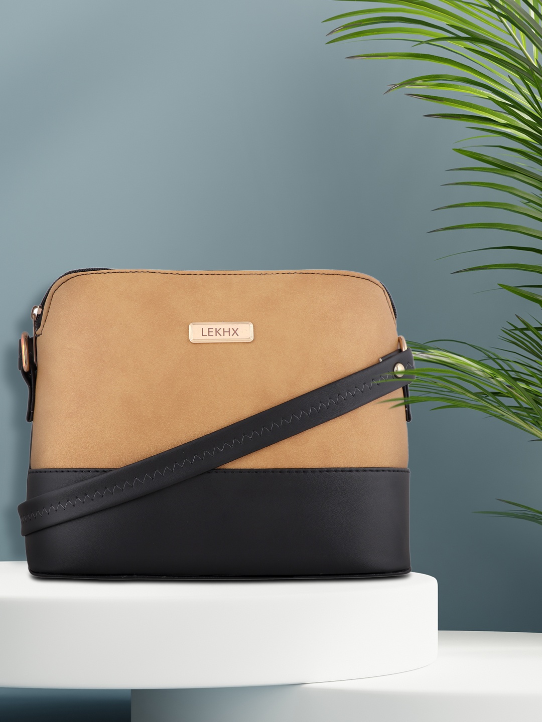 

LEKHX Brown Colourblocked PU Structured Sling Bag
