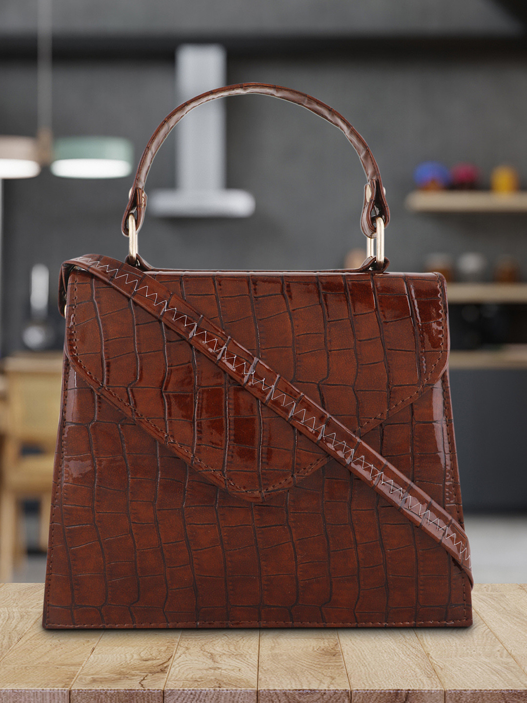 

LEKHX Brown Animal Textured PU Shopper Handheld Bag with Cut Work