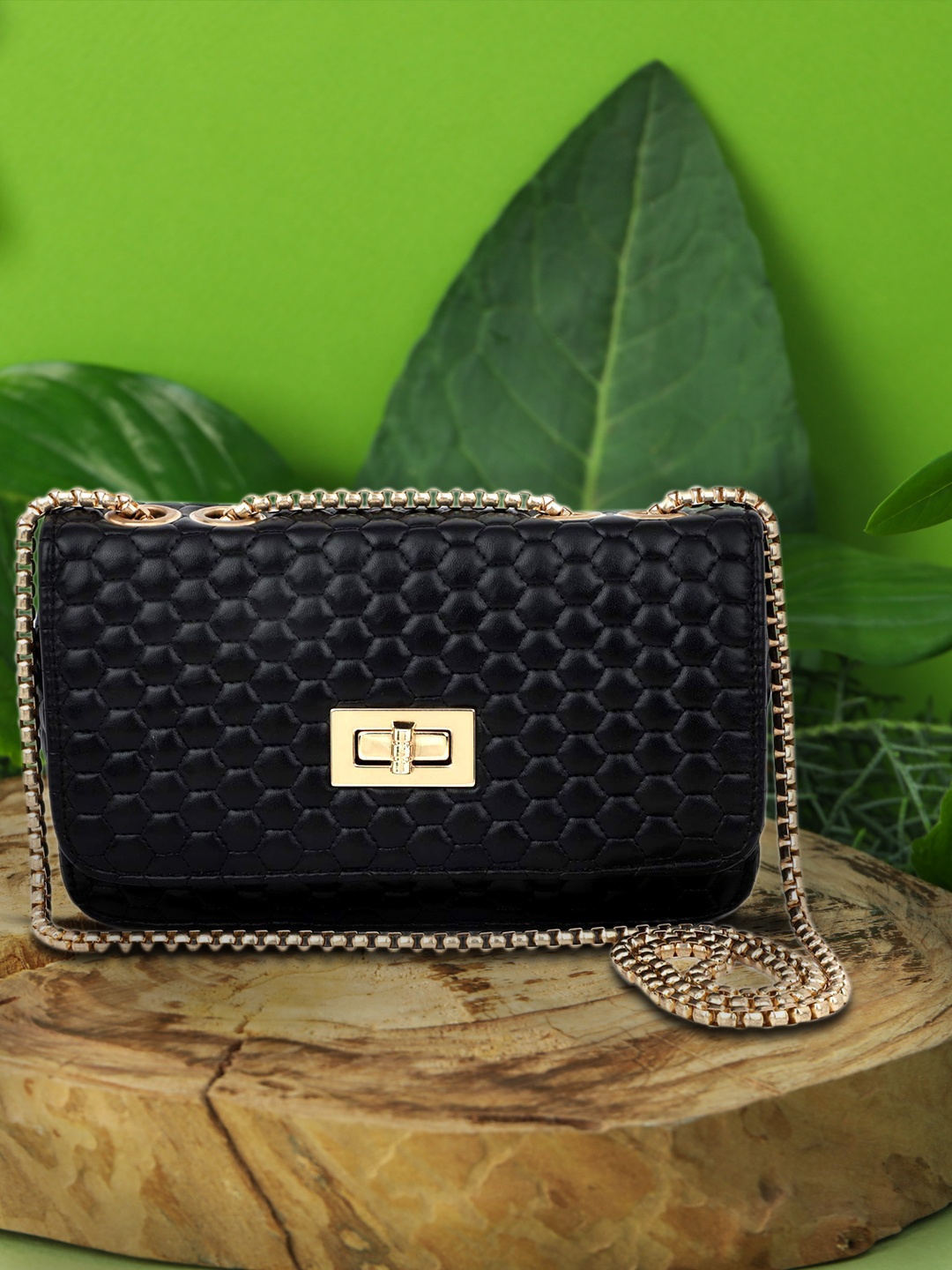 

LEKHX Women Black Textured PU Sling Bag with Quilted