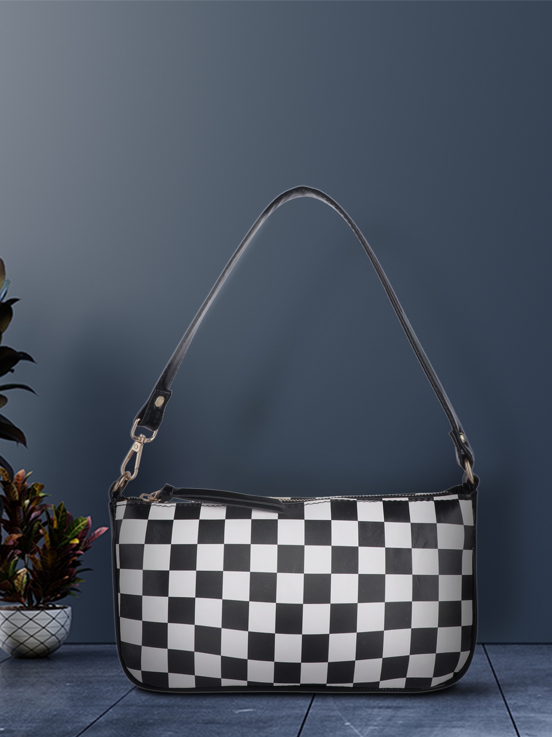 

LEKHX Women Black & White Checked PU Structured Handheld Bag