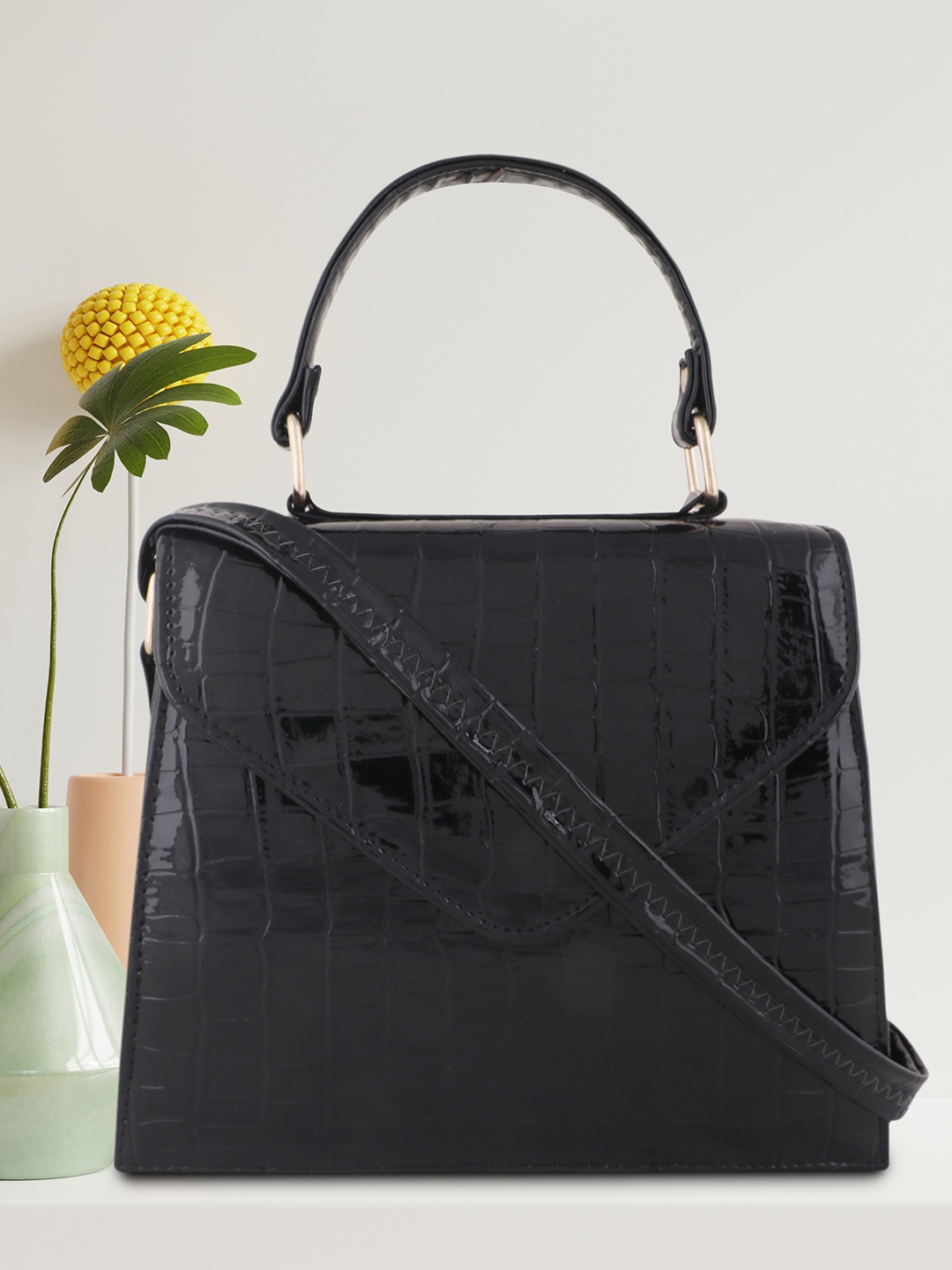 

LEKHX Black Textured PU Swagger Hobo Bag