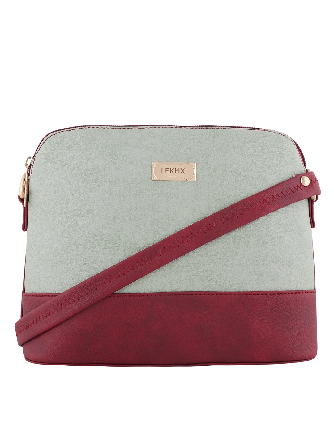 

LEKHX Women Maroon & Grey Colourblocked PU Structured Sling Bag