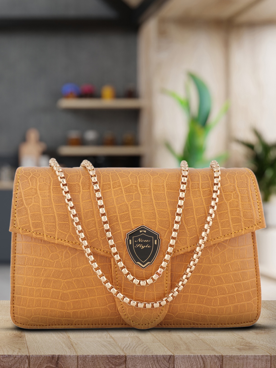 

LEKHX Yellow PU Structured Shoulder Bag