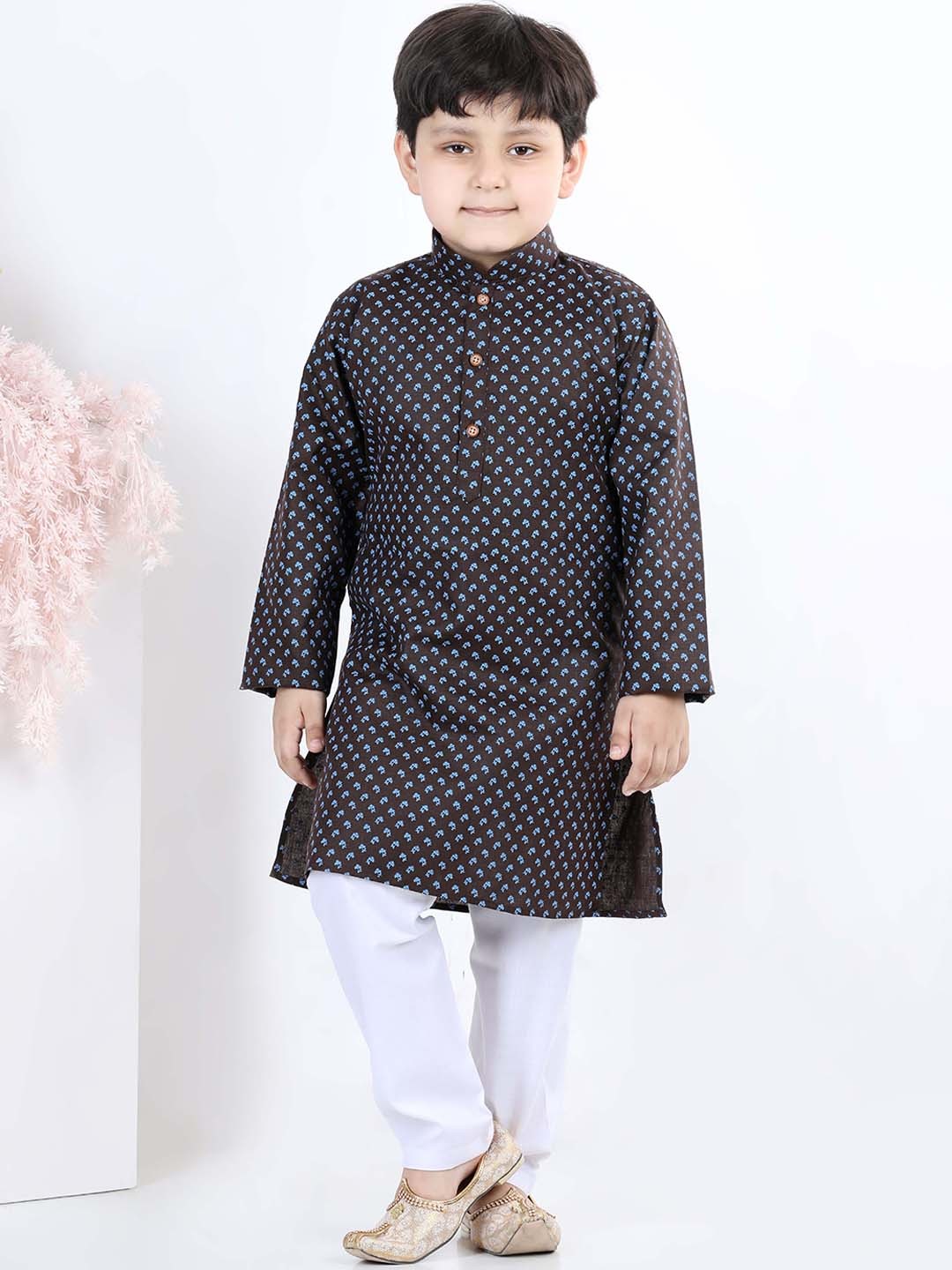 

Kidling Boys Navy Blue Floral Printed Kurta with Trousers