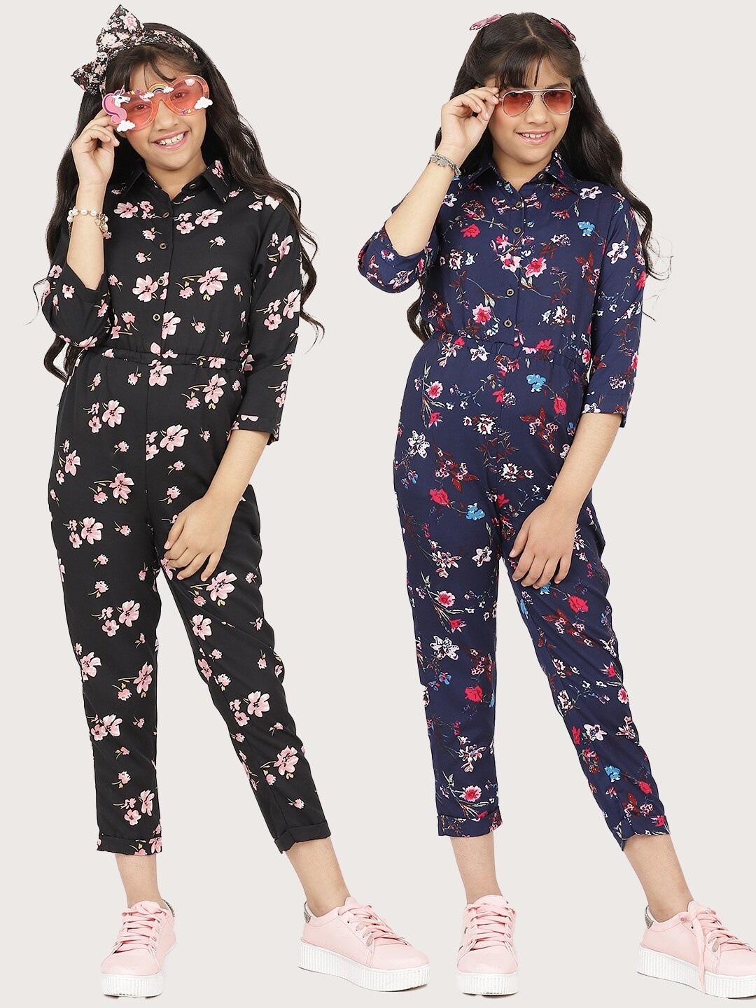 

Uptownie Lite Girls Beige & Navy Blue Printed Basic Jumpsuit