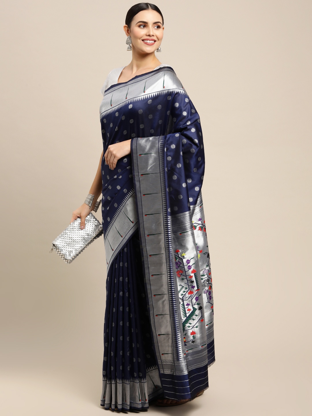 

Royal Rajgharana Saree Navy Blue & Silver Floral Zari Silk Blend Celebrity Paithani Sarees